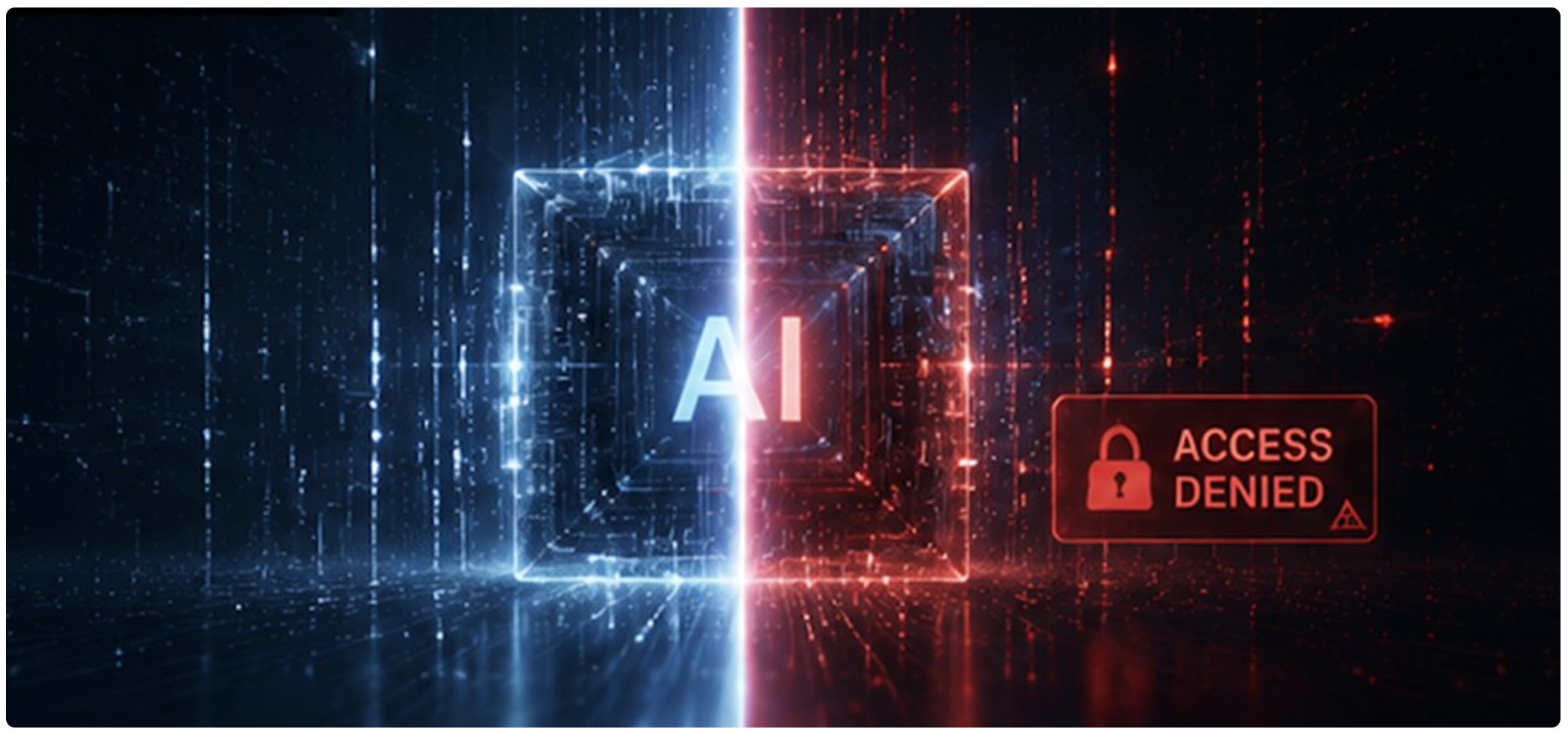 AI 芯片一分为二，一边蓝色科技风，一边红色访问拒绝警示