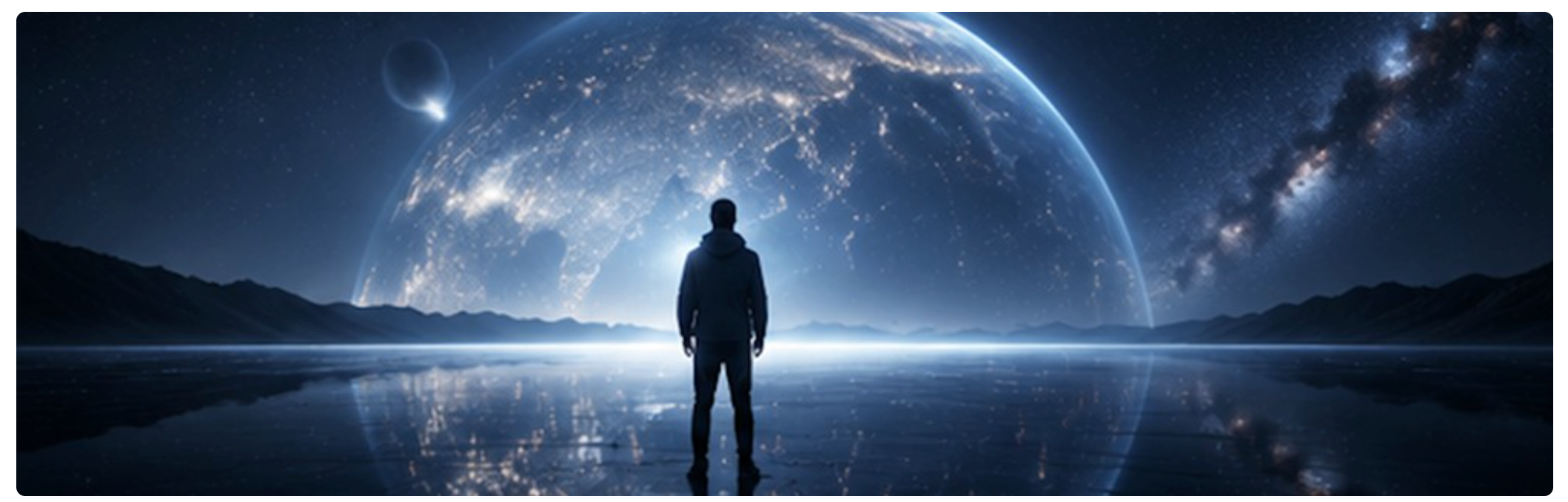 人形剪影面朝星空与地球，象征不确定性下的抉择