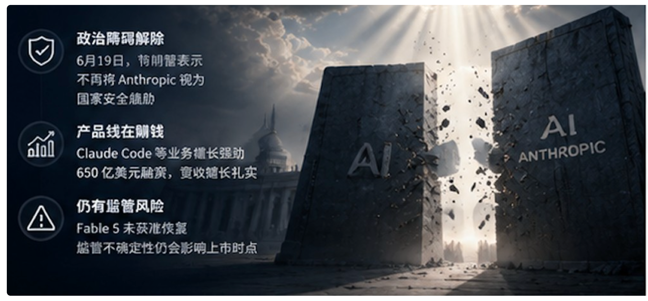石门裂开露出光芒，象征Anthropic的政治障碍解除