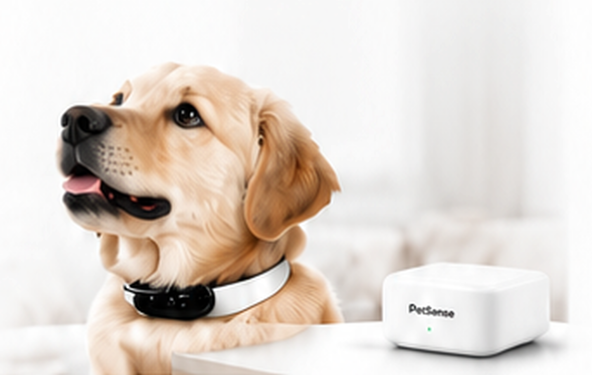 佩戴 PetSense 智能项圈的宠物犬与居家基站